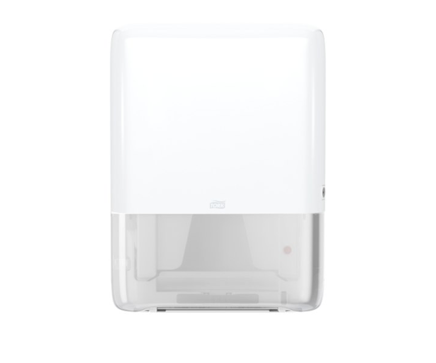 A white wall-mounted paper towel dispenser with a transparent lower section showing the paper inside. Tork White PeakServe Towel Dispenser (14.57 in. x 28.74 in. x 3.98 in., 1/Case)